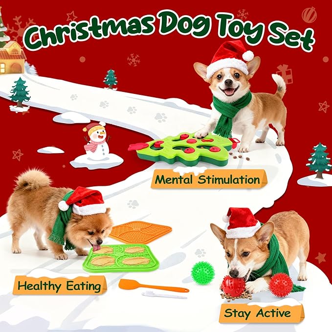 Christmas Dog Enrichment Toy Set — Interactive Dog Puzzle Toy for Mental Stimulation, Lick Mat for Slow Feeding, Squeaky & Treat Balls for Small & Medium Dogs