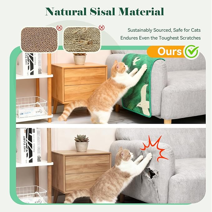 3-in-1 Sisal Cat Scratcher Mat 23.6x15.7'' Protects Carpet Couch & Furniture with Sticker Tape, Floor & Wall Cat Scratching Pad, Anti-Slip, Durable for Indoor Outdoor Cats (Green Emergence)