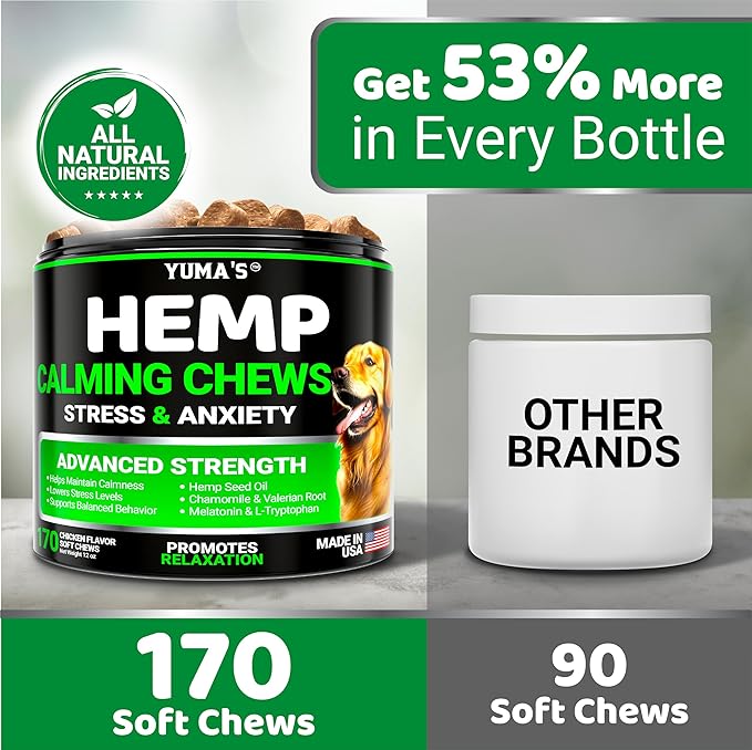 Hemp Calming Chews for Dogs - Advanced Dog Calming Chews - 170 Chews - Anxiety Relief Treats - Separation Aid, Barking, Stress Relief, Thunderstorms - Melatonin - Hemp Oil - Made in USA