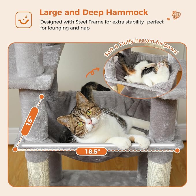 Cat Tree for Indoor Cats, 64.5" Tall Cat Tower with 2 Cozy Condos, Scratching Posts, Large Hammock and Dual Padded Perches, Multi-Level Activity Center for Large Cats, Grey