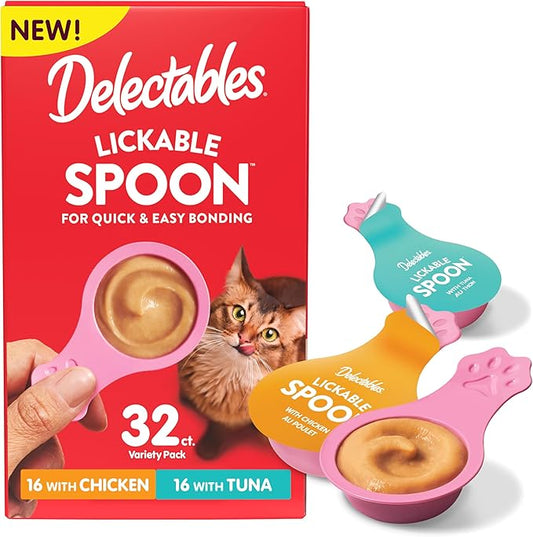 NEW! Delectables Lickable Spoon Handheld Wet Cat Treats Made with Real Chicken & Tuna, Creamy Puree, Mess Free, Quick & Easy, Grain-Free, No Added Fillers, No Added Preservatives, Variety Pack, 32ct