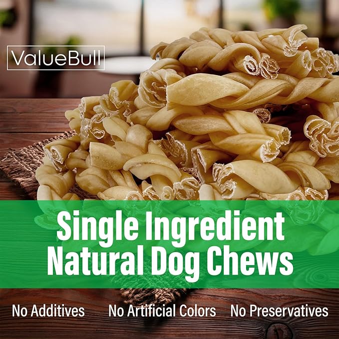 ValueBull Buffalo Collagen Braided Sticks for Large Dogs, 6 Inch Thick Chews, Natural Long-Lasting Dog Treats, 50 Count Bulk Pack - Supports Joints, Skin & Coat with Chondroitin & Glucosamine