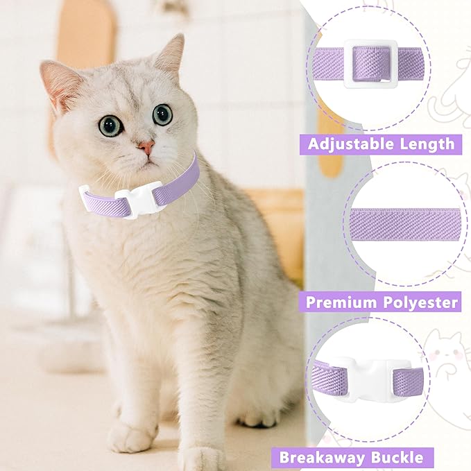 Elastic Cat Collar, Stretch Cat Collar Quick Release, Bright Colors Safety Kitten Collar Adjustable Collar for Kittens, Lightweight Soft Polyester Collars for Boy Girl Cats (Purple,L)