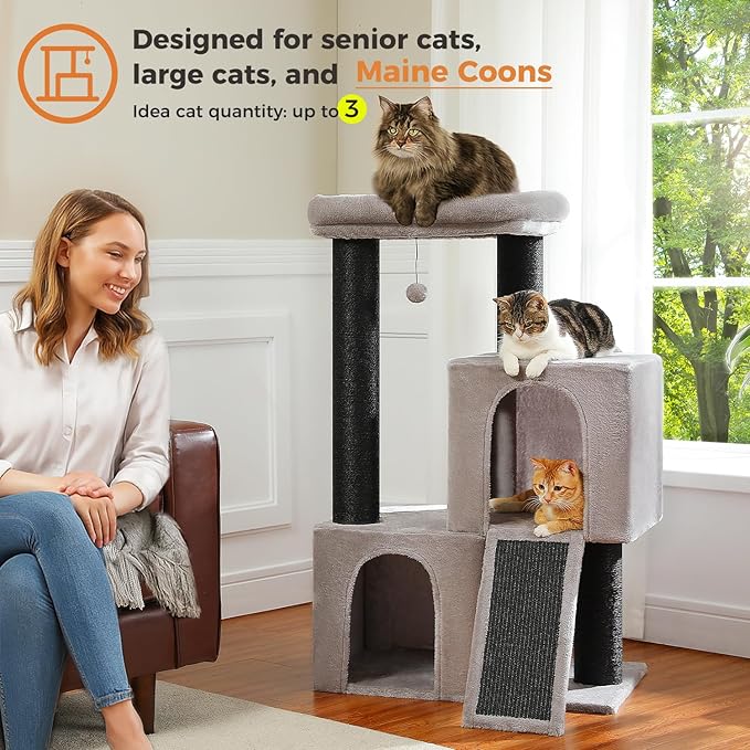 Heavy Duty Cat Tree for Indoor Cats Adult, 45-Inch Cat Tower with Sisal Scratching Ramp, 2 Cat Condo for Extra Large Cats, Big Top Perch, 3 Thick Black Scratching Posts (φ4.3) -Gray