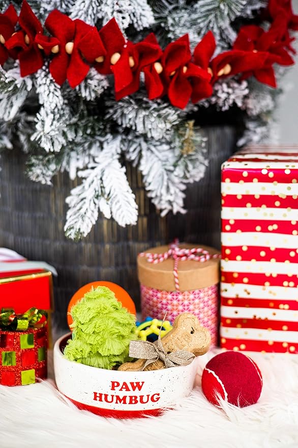 Pearhead Ceramic Paw Humbug Dog Bowl, Holds 3 Cups, Christmas Holiday Speckled Stoneware Design, Pet Feeding Dish, Microwave and Dishwasher Safe, Medium