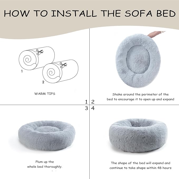 Calming Dog Bed 30'' inch, Plush Anti-Anxiety Donut Dog Bed for Medium Large Dogs, Warming Cozy Round Cuddler Nest Pet Bed, Grey