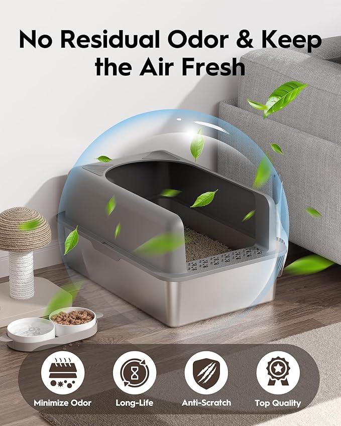 Stainless Steel Cat Litter Box, Extra Large Enclosed Litter Boxs for Big Cats, XL Metal Cat Litter Box with Lid, High Sided, Non Stick, No Smell, Easy to Clean, Included Scoop