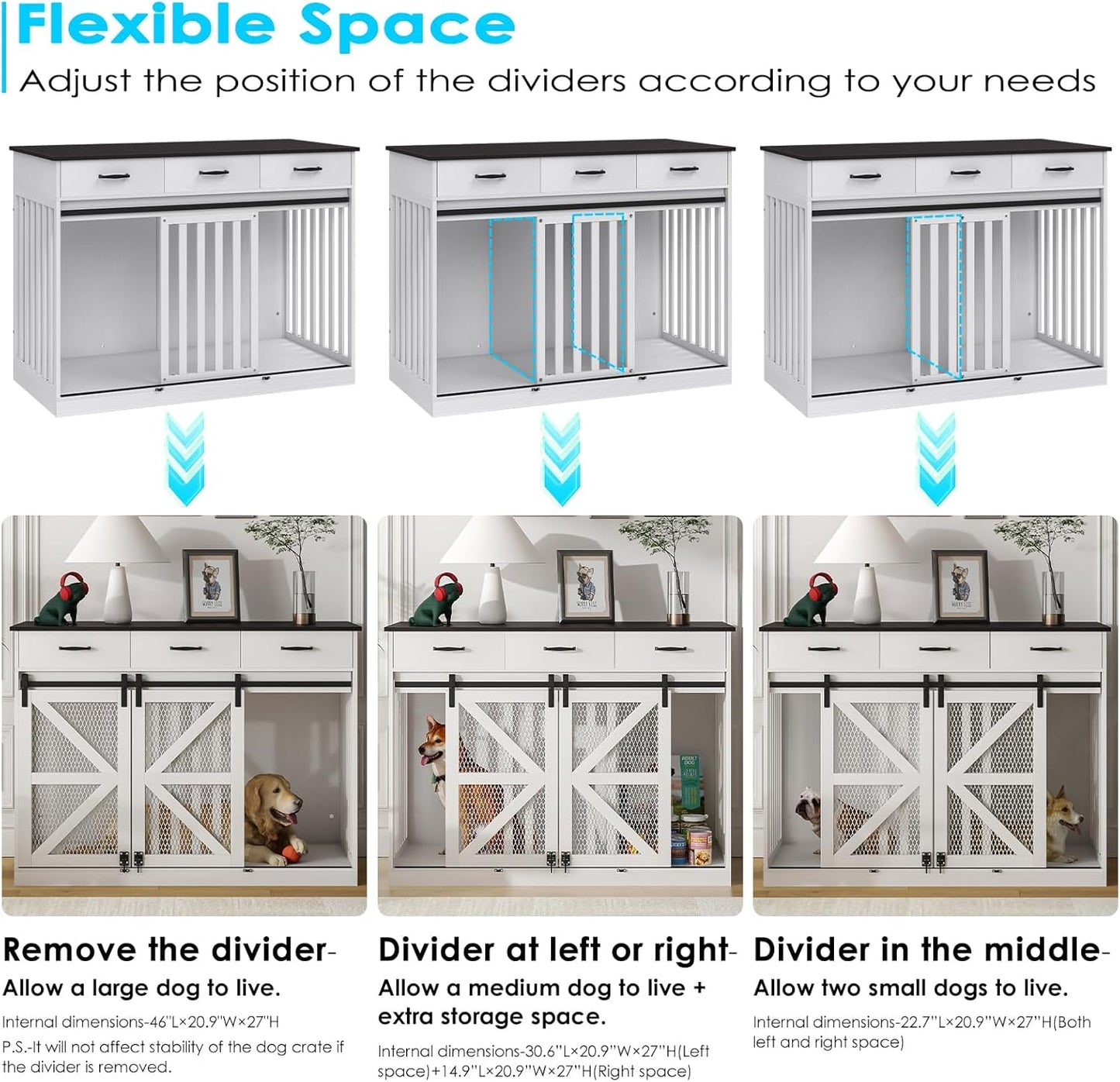 48'' Dog Crate Furniture with Divider&Storage Drawers, Wooden Double Dog Kennel Furniture End Table with Sliding Barn Doors, White Double Dog Crate TV Stand