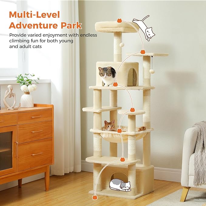 Cat Tree for Indoor Cats, 64.5" Tall Cat Tower with 2 Cozy Condos, Scratching Posts, Large Hammock and Dual Padded Perches, Multi-Level Activity Center for Large Cats, Beige
