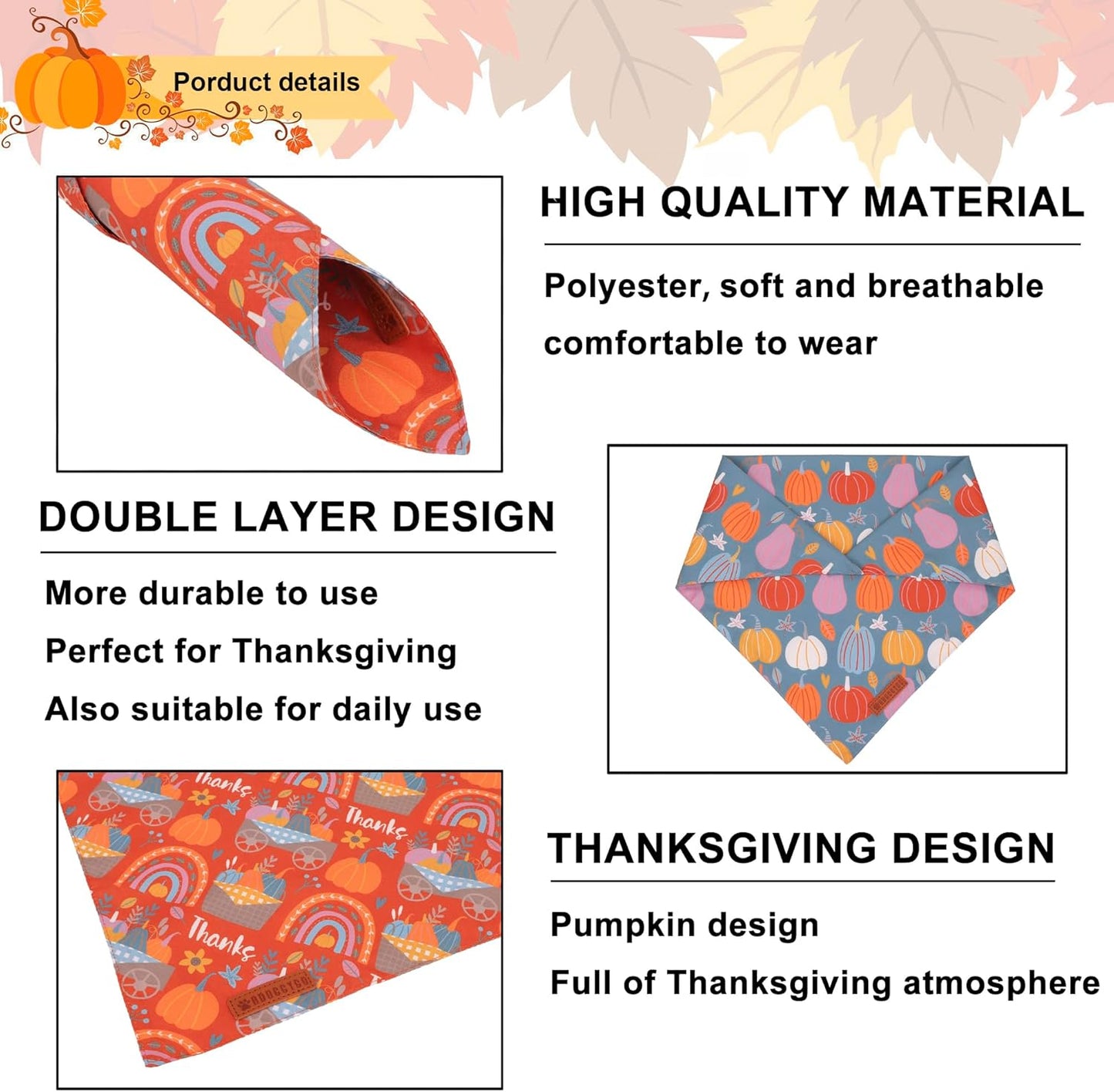 ADOGGYGO Thanksgiving Dog Bandana - Blue Orange Pumpkin Puppy Scarf, Adjustable Fit Fall Bandanas for Small Dogs Pets (Small)