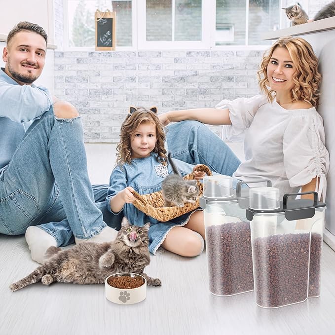 Cat Dog Food Storage Container, Upgraded Large Nozzle,5LBS Plastic Pet Food Storage Container, With 4 Sealed Clasps, 1 Measuring Cup and Handle, Easy to Clean and Carry -2 Pcs Light Gray + Dark Gray