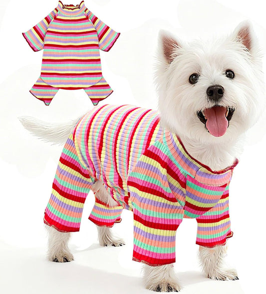 BAEJMJK Striped Dog Pajamas Stretchy Cute Four-Legged Boy Girl Dog Clothes with Sleeves Comfortable Dogs Jumpsuit Colorful Pet Puppy Outfits Apparel for Small Medium Dogs Cats(Red,Small)