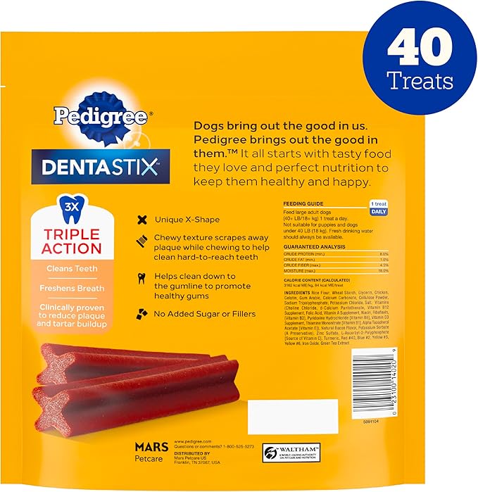 Pedigree Dentastix Large Breed Dog Treats, Bacon Flavor, 2.08 lb. Bag (40 Treats)