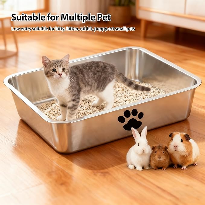 Stainless Steel Litter Box, Metal Cat Litter Pans-4“ Height Low Entry Indoor Pet Toilet Supplies for Kitty, Kitten, Rabbit, Puppy,No Stick Easy Clean-No Smell