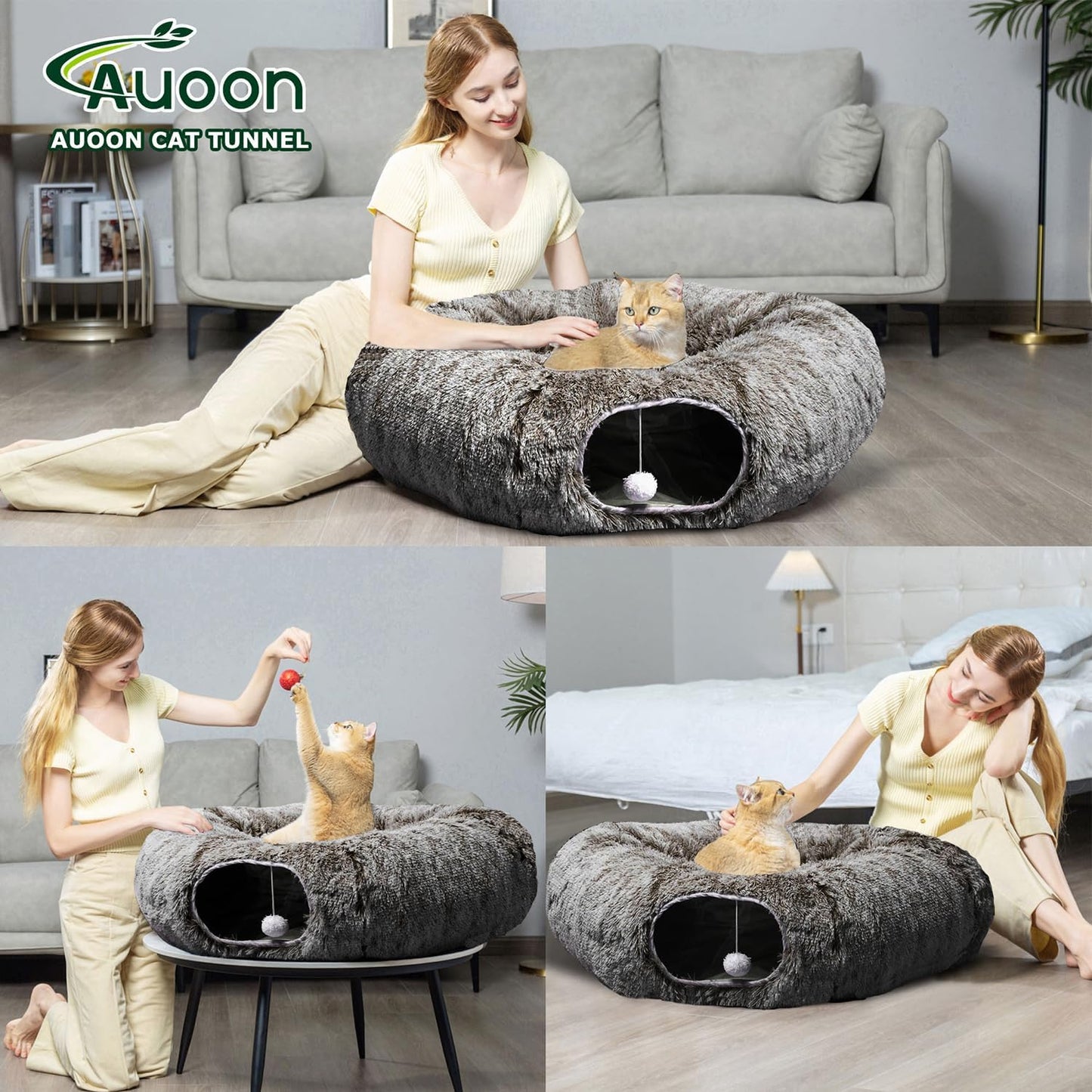 AUOON Cat Tunnel Bed - Cat Donut Tunnel with Soft Plush Circle Cushion for Indoor Cats Kitten Kitty Puppy Rabbit Ferret (Brown)
