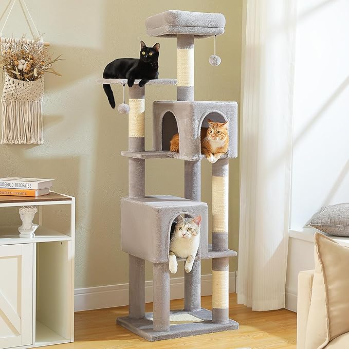 62" Cat Tree for Indoor Cats, Multi-Level Cat Tower for Large Cats with Scratching Posts, 2 Spacious Plush Condos, Padded Perch, Soft Cat Bed, Scratching Pad & 2 Pompoms, Gray