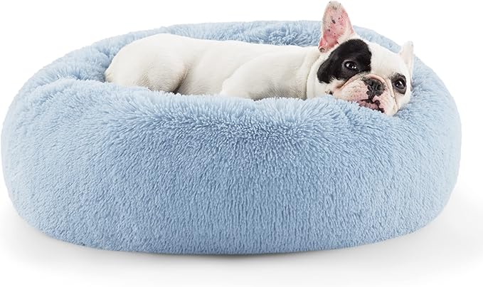 Bedsure Calming Dog Bed for Small Dogs - Donut Washable Small Pet Bed, Round Anti-Slip Fluffy Plush Faux Fur Large Cat Bed, Fits up to 25 lbs Pets, Light Blue, 23 inches