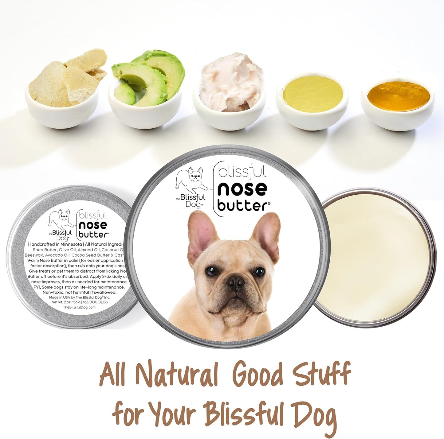 The Blissful Dog French Bulldog Fawn Nose Butter for Dry, Cracked Skin, Lick-Safe Dog Nose Balm with Moisturizing Shea Butter, Almond, Olive, and Essential Oils, Pet Supplies, Uncented, 8 oz.