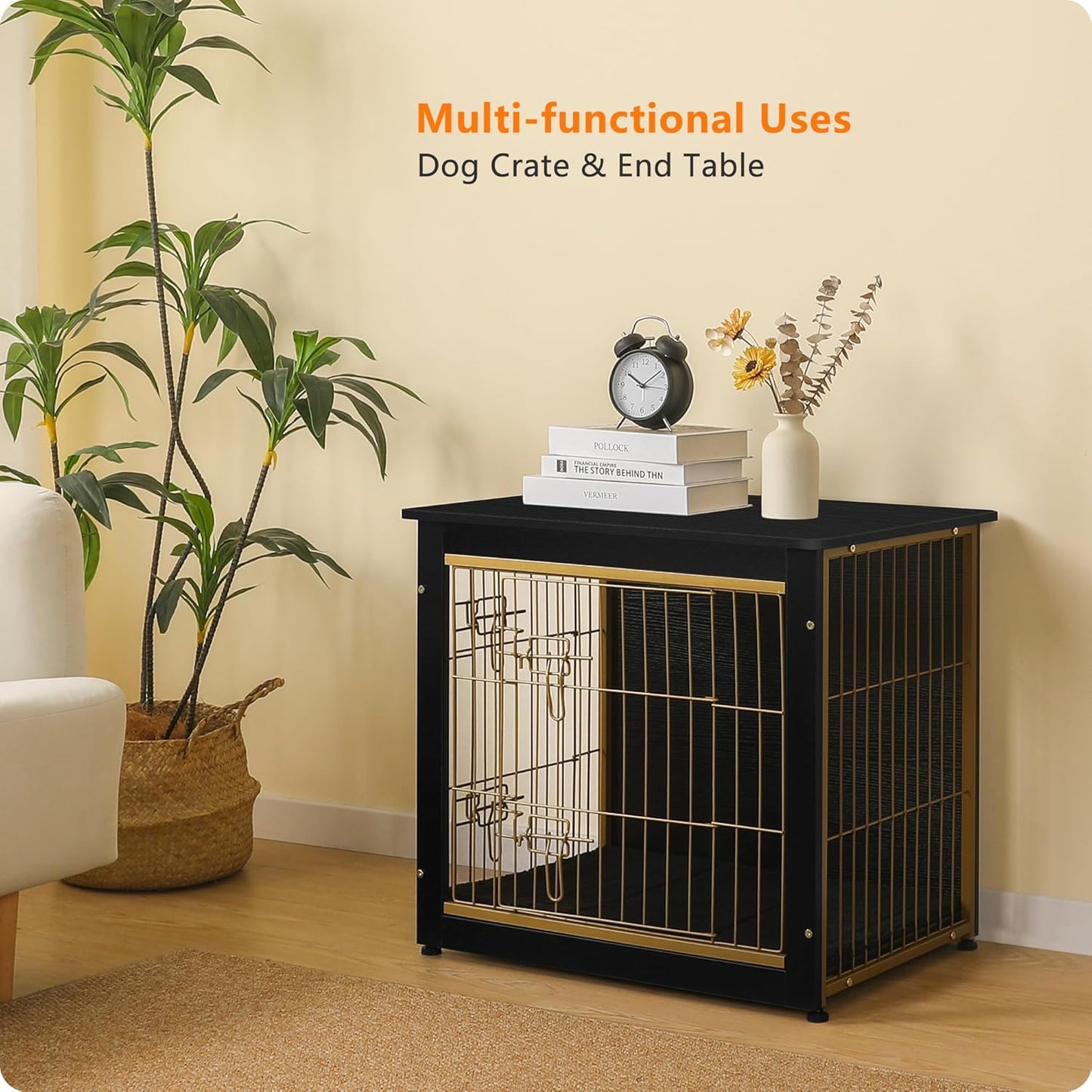 DWANTON Dog Crate Furniture with Cushion, Wooden Kennel Table with Double Doors, Indoor Dog House, Small/Medium/Large Size, 27.2" L, Black+Gold