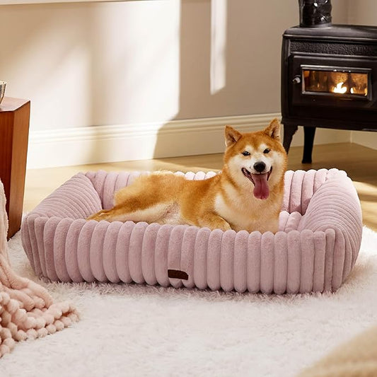 Bedsure Cute Dog Bed for Large Dogs - Washable Furry Puppy Beds, Rectangle Orthopedic Corduroy Fleece Pet Beds with Removable Zipper Cover, 36x27x8inches, Blush Pink