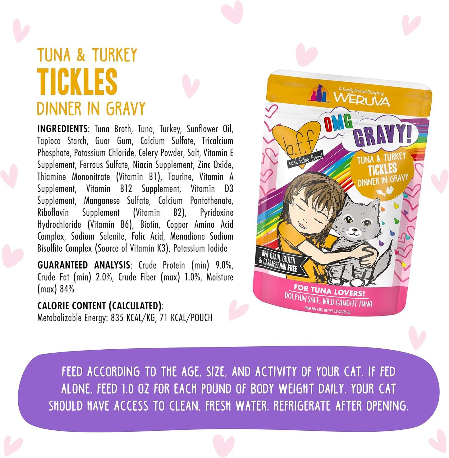 Weruva B.F.F. OMG - Best Feline Friend Oh My Gravy!, Tuna & Turkey Tickles with Tuna & Turkey in Gravy Cat Food, 3oz Pouch (Pack of 12)