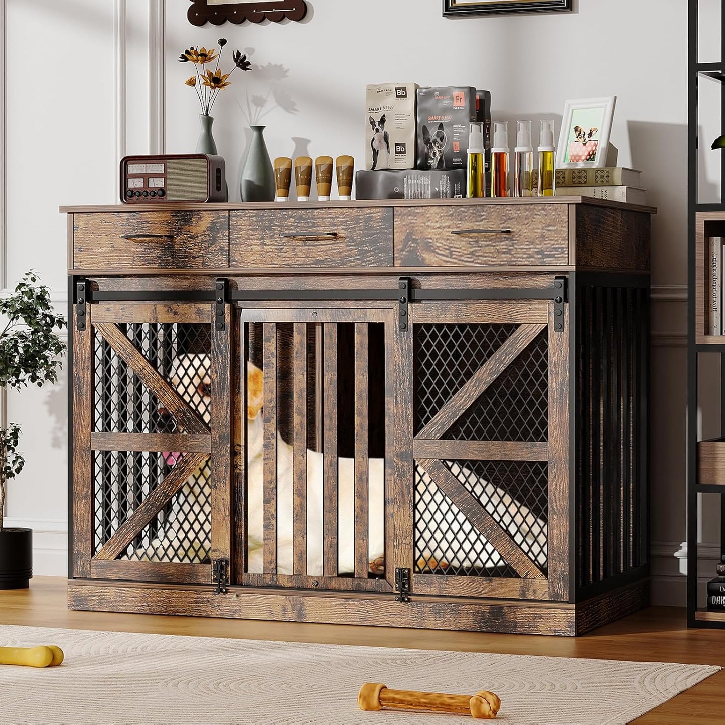 48'' Dog Crate Furniture with Removable Divider & Storage Drawers, Wooden Double Dog Cage TV Stand with 2 Sliding Barn Doors, Multi-Functional Dog Crate End Table for Indoor use (Retro Brown)