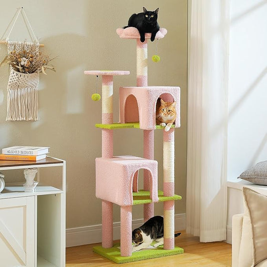62" Cat Tree for Indoor Cats, Multi-Level Cat Tower for Large Cats with Scratching Posts, 2 Spacious Plush Condos, Padded Perch, Soft Cat Bed, Scratching Pad & 2 Pompoms, Pink