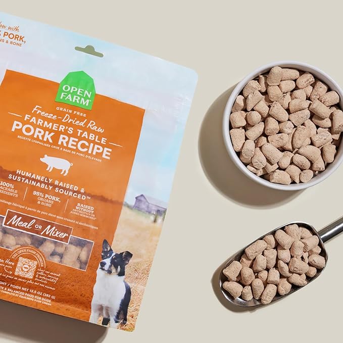 Open Farm, Freeze Dried Raw Dog Food, Morsels with 95% Meat, Organs & Bone, Organic Produce & Superfoods, Complete Meal or Freeze Dried Dog Food Topper, Pork Recipe, 13.5oz Bag
