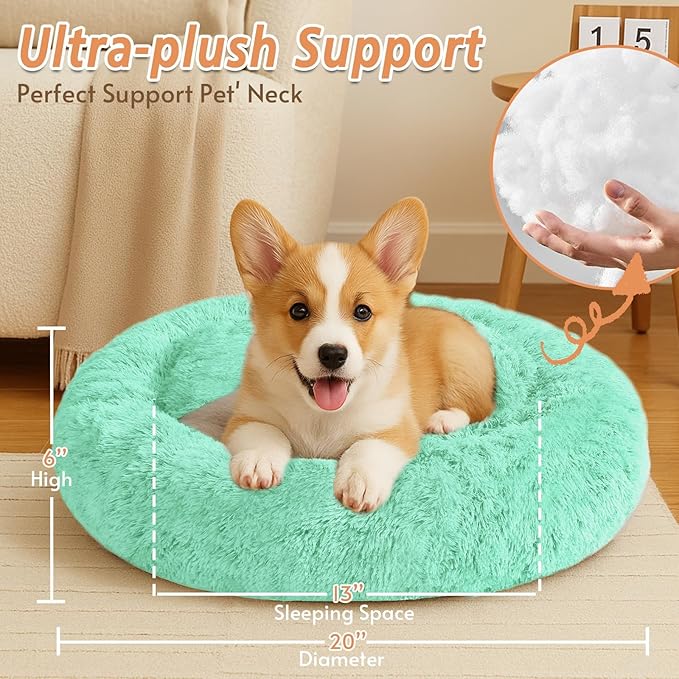 JOLLYVOGUE Small Dog & Cat Beds for Indoor Cats, Donut Cuddler Warming Soft Dog Beds with Anti-Slip Bottom, Round Calming Fluffy Plush Faux Fur Cushion Bed for Small Dogs (20", Mint Green)