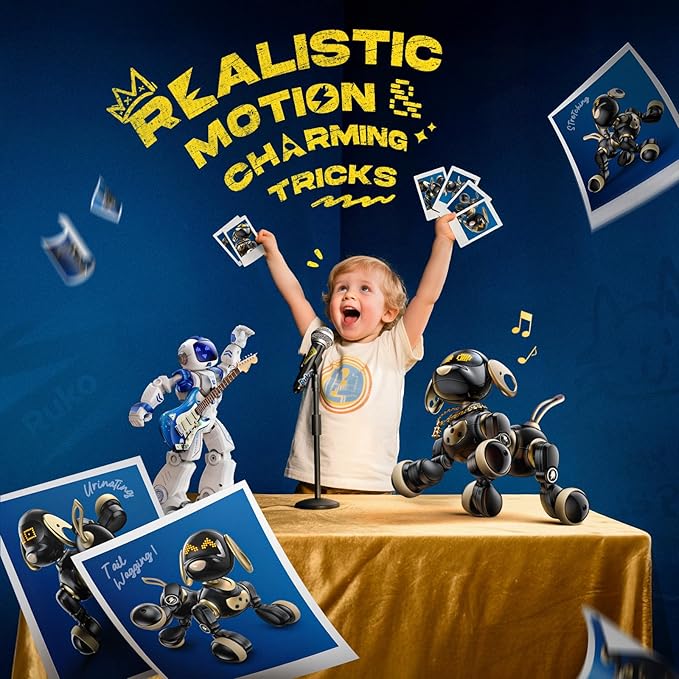 Ruko 18011 Robot Dog Toy, Smart Interactive Puppy with 30+ LED Faces, Remote & Gesture Control, Programmable Electronic Pet for Kids Ages 3–8, Black & Gold