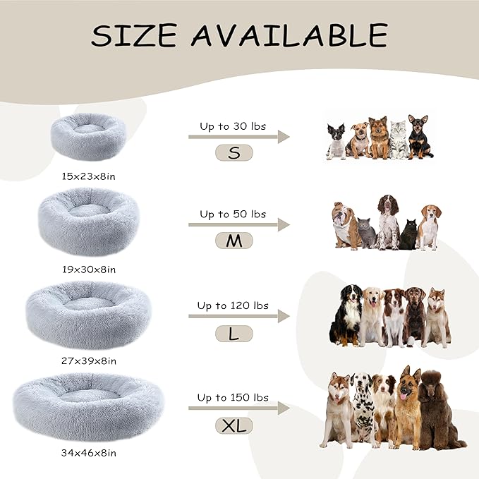Calming Dog Bed 30'' inch, Plush Anti-Anxiety Donut Dog Bed for Medium Large Dogs, Warming Cozy Round Cuddler Nest Pet Bed, Grey