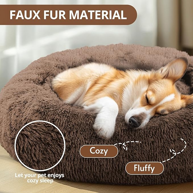 JOLLYVOGUE Small Dog & Cat Beds for Indoor Cats, Donut Cuddler Warming Soft Dog Beds with Anti-Slip Bottom, Round Calming Fluffy Plush Faux Fur Cushion Bed for Small Dogs (20", Coffee)