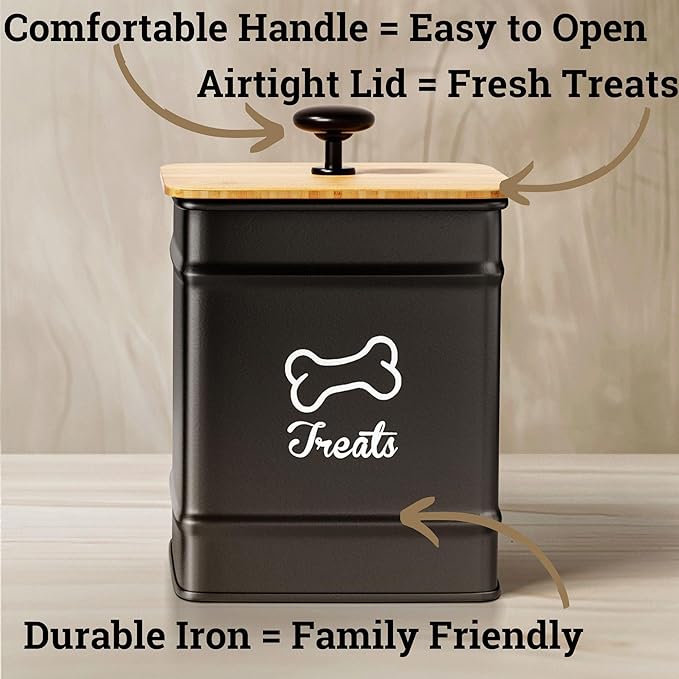 Dog Treat Container Airtight - 5 Inch Wide x 7 Inch Tall Iron Dog Treat Jar for Kitchen Counter with Airtight Bamboo Lid - 7 Cup Capacity Pet Treat Container - Doggie Cookie Jar - Big Treats Canister