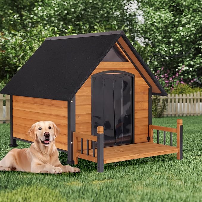 Large Dog House Outdoor Weatherproof with Porch, All-Metal Frame Chew-Proof Dog Kennel with Asphalt Roof, for Small Medium Large Dogs