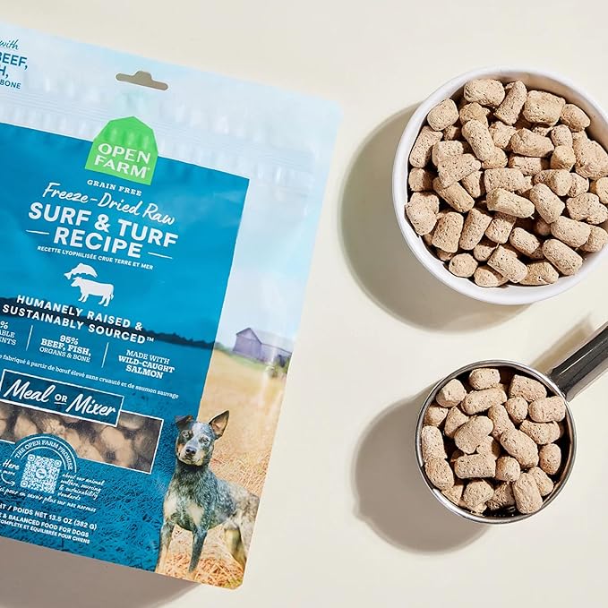 Open Farm, Freeze Dried Raw Dog Food, Morsels with 95% Meat, Organs & Bone, Organic Produce & Superfoods, Complete Meal or Freeze Dried Dog Food Topper, Surf & Turf Recipe, 22oz Bag