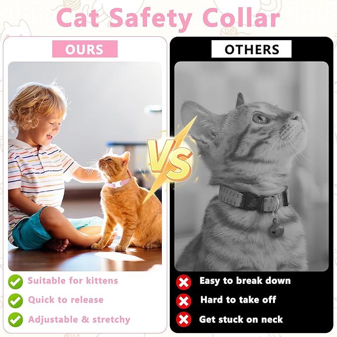 Elastic Cat Collar, Stretch Cat Collar Quick Release, Bright Colors Safety Kitten Collar Adjustable Collar for Kittens, Lightweight Soft Polyester Collars for Boy Girl Cats (Pink,S)