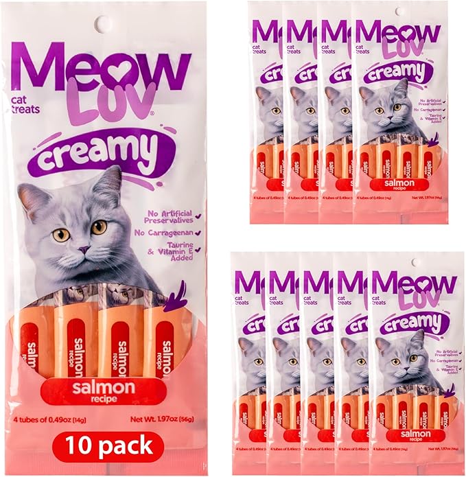 Ultra Chewy Meow Luv Salmon Recipe Lickable Cat Treats - Delicious Squeezable Cat Treats - Carrageenan Free - No Artificial Preservatives - Irresistible Snack - 0.5 Ounce Tubes (Pack of 10)