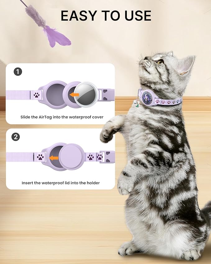 Cat Collar with Airtag Holder, 2 Pack Waterproof Breakaway Kitten Collar for Apple AirTag GPS Tracker, Adjustable Cat Collar with Buckle, Bell & Reflective Pattern for Cats, Kittens, Purple (8-11")
