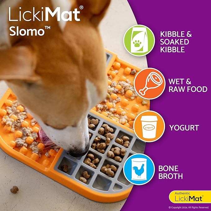 LickiMat Slomo, Dog Slow Feeders Lick Mat, Boredom Anxiety Reducer; Perfect for Food, Treats, Yogurt, or Peanut Butter. Fun Alternative to a Slow Feed Dog Bowl, Orange