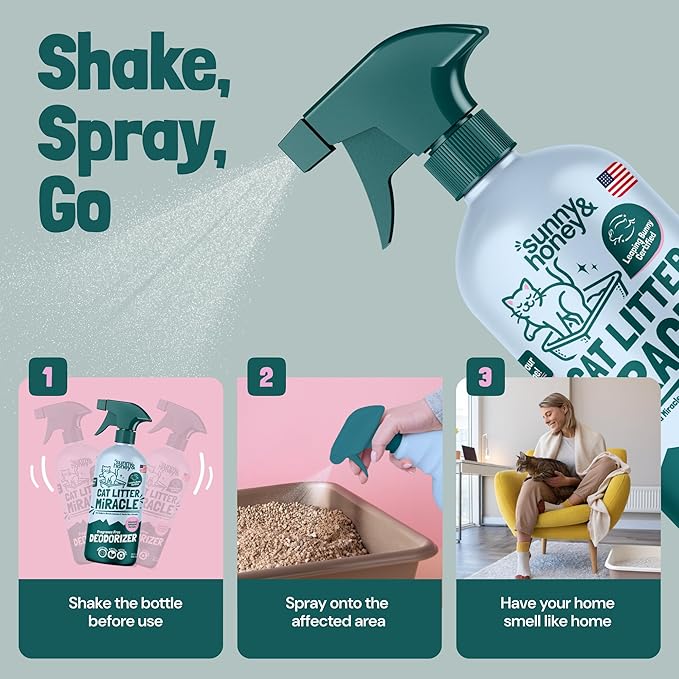 Sunny & Honey Cat Litter Deodorizer Spray - 32 fl oz, 1 Pack, Unscented - Source-Targeted Freshness & Litter Box Cleaner - Enzyme Cat Pee Cleaner - Fragrance-Free Deodorizer