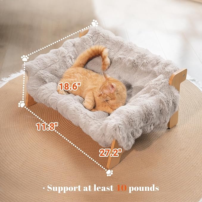 CHEERHOME PETS Elevated Cat Couch Bed for Indoor Cats, Wooden Cat Sofa with Removable Washable Fluffy Cover Raised Kitty Lounge Chair Suitable for Puppy(Cat Sofa,Khaki-Light Gray)