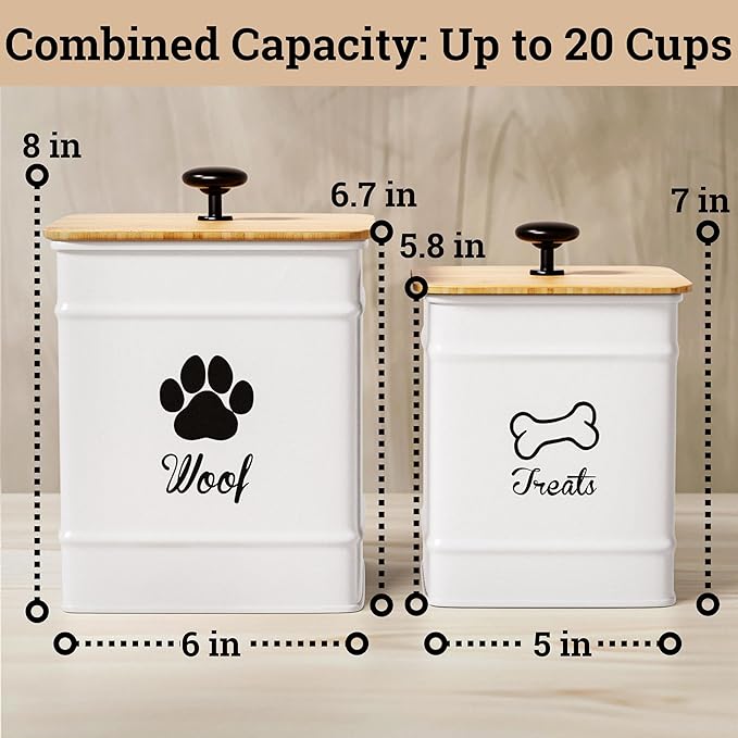 Dog Treat Container Airtight Set of 2 - 8x6 & 7x5 inch Iron Dog Treat Jars for Kitchen Counter with Airtight Bamboo Lids - 20 Cup Capacity Pet Treat Container Set - Doggie Cookie Jar - Treats Canister