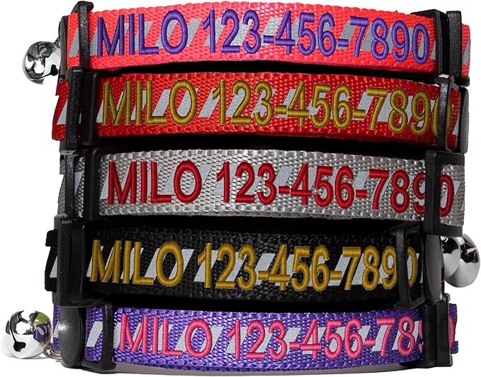 Pawtitas Personalized Red Reflective Cat Collar – Adjustable Custom Collar with Safety Buckle, Removable Bell, and Engraved Name & Phone Number for Kittens and Adult Cats