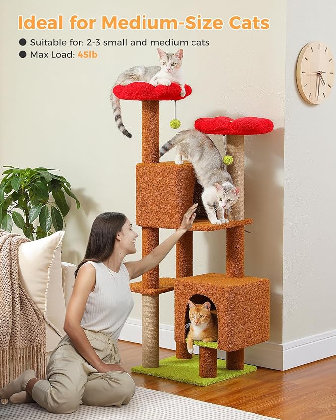 52.4" Cat Tree for Indoor Cats, Multi-Level Cat Tower with 2 Flower Perches, 2 Cozy Condos & Sisal Scratching Posts, Stylish Kitty Climbing Furniture Playhouse for Adult Cats, Brown/Red