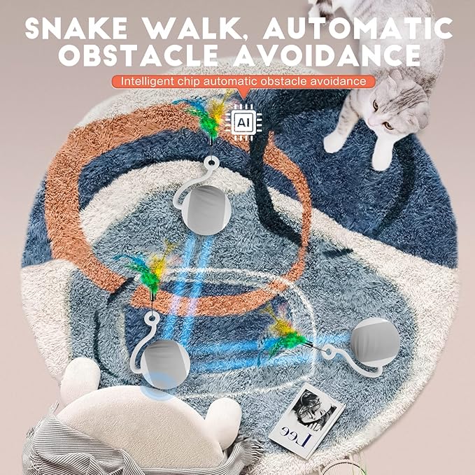 Interactive Cat Toys Ball - Electric Automatic Toys for Indoor Cats, LED Lights and Toys Feather Tail with Sound Activated and Touch, USB Rechargeable, 2peeds Mode for Bored Kittens/Adult Cats