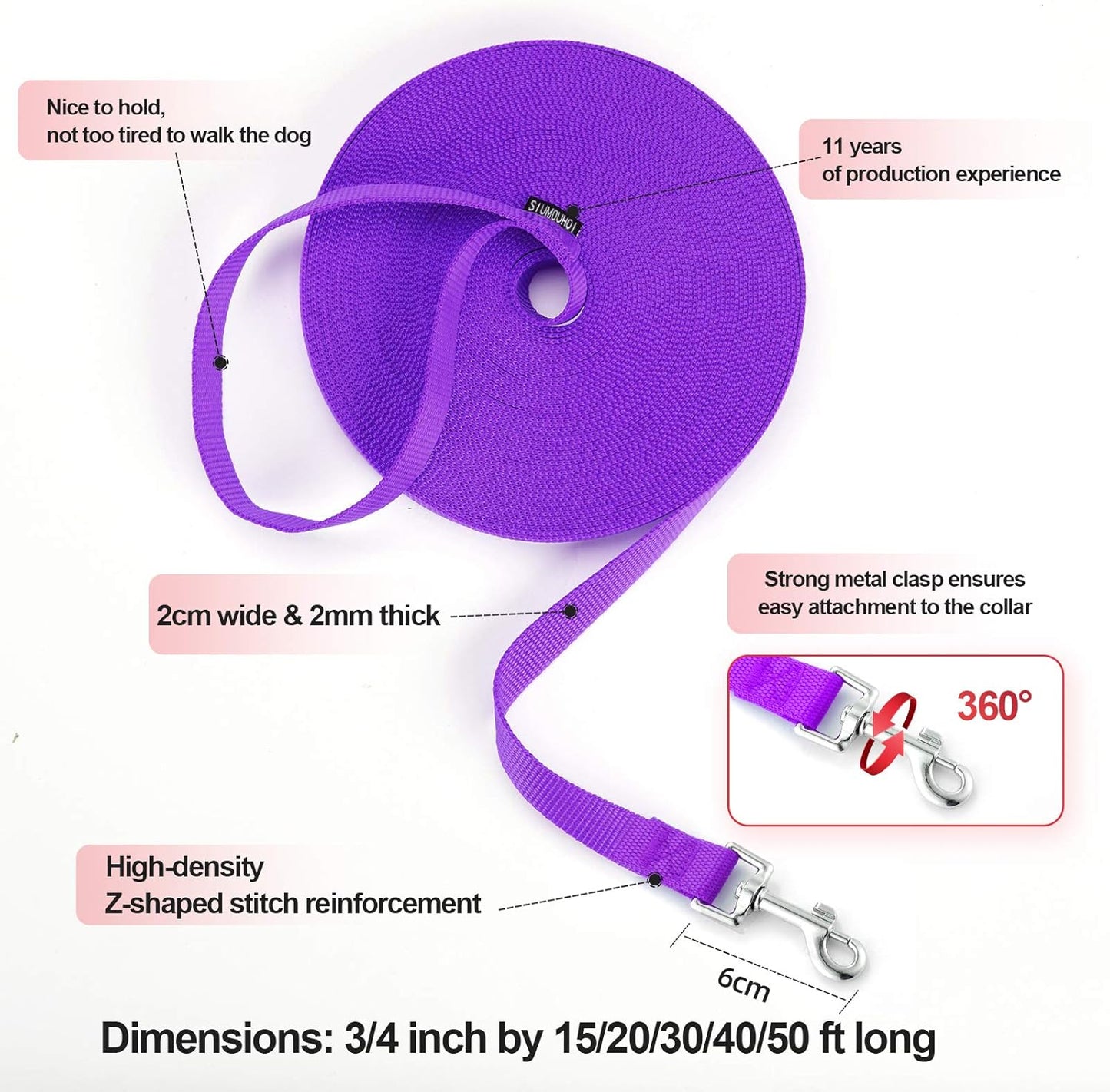 Dog/Puppy Recall & Behavior Training Rope Leash - 40 ft (Purple)