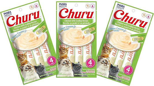 INABA Churu Cat Treats, Grain-Free, Lickable, Squeezable Creamy Purée Cat Treat/Topper with Vitamin E & Taurine, 0.5 Ounces Each Tube, 12 Tubes (4 per Pack), Chicken with Scallop Recipe