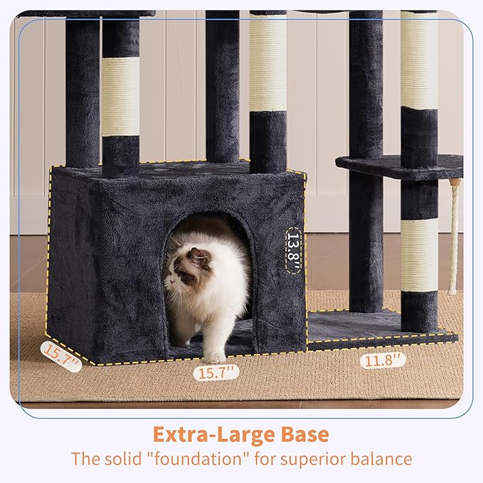 Heybly Heavy Duty Cat Tree, Tower for Indoor Cats large adult, Tall Cat Condo House with Extra-Large Baseboard, Multi-Level Plush Furniture with Scratching Posts, Hammock,Toy Balls, Smoky Gray HCT026G