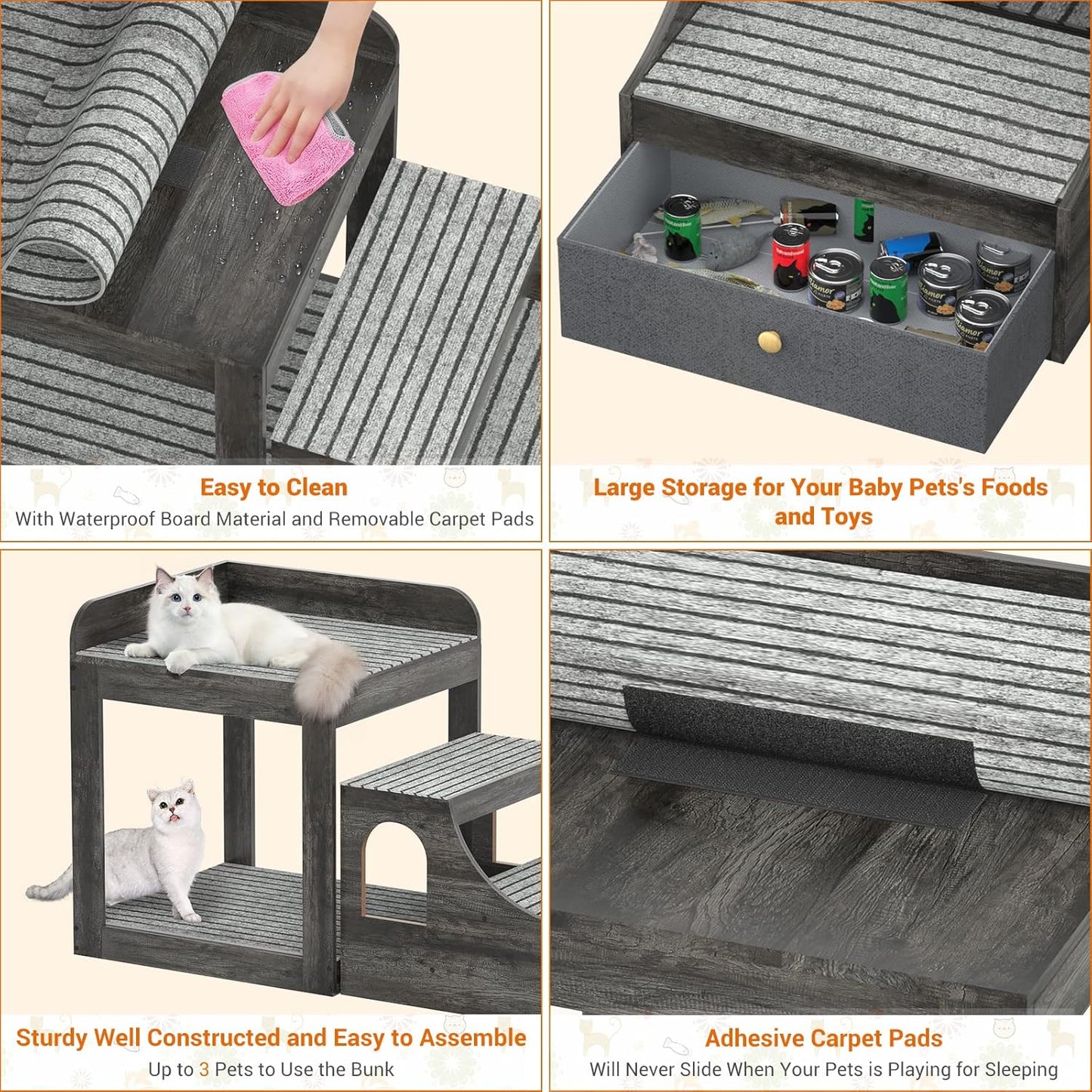 Cyclysio Super Large Multi-Level Pet Bunk Bed with Stairs, Mats, Drawers for Indoor Use, Grey