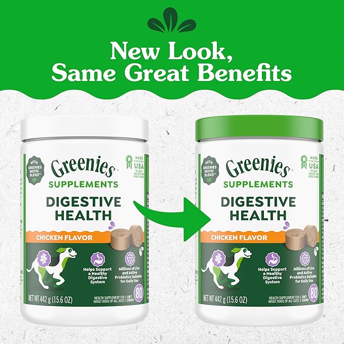 Greenies Supplements Digestive Health Probiotics for Dogs Chicken Flavor, 15.6 oz. Tub of 80 ct.